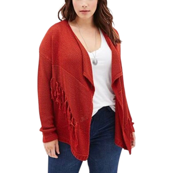 Forever 21 Sweaters - FOREVER 21 Womens Long Sleeve Open Front Rust Fringe Sweater Cardigan Sz 1X NWT